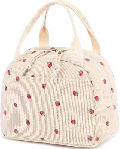 Geïsoleerde lunchtas voor dames en heren, schattige corduroy lunchtassen van aardbei, herbruikbare geïsoleerde lunchbox, lekvrije thermische koelbox met grote capaciteit voor picknick of reizen, beige