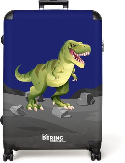 NoBoringSuitcases.com® - Koffer groot - Reiskoffer lichtgewicht - Groene dinosaurus met donkerblauwe achtergrond - Rolkoffer met 4 wielen - Grote trolley XL - 98 liter bagage