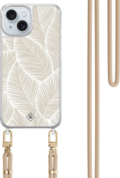 Casimoda® hoesje met beige koord - Geschikt voor iPhone 15 - Palm Leaves Beige - Afneembaar koord - TPU/acryl - Bruin/beige