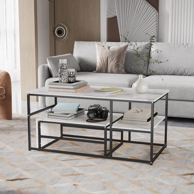 Set van 2 rechthoekige salontafels, uittrekbaar, marmereffect, frame van zwart metaal, salontafel, marmer, wit, glanzend, voor bank, woonkamer, slaapkamer, balkon en kantoor (zwart A02)