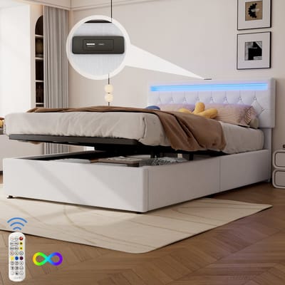 Gepolsterd bed 140x200 cm met omgevingsverlichting, afstandsbediening met 24 knoppen, functie voor omhoog en omlaag bewegen, USB- en Type-C-stopcontact en ruime opbergruimte – wit