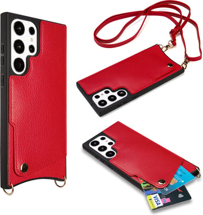 Casemania Hoesje Geschikt voor Samsung Galaxy S23 Ultra - Back Cover met Draagkoord - Pasjeshouder Hoes met Bandje - Crossbody Telefoonhoesje - Lanyard Case - Rood