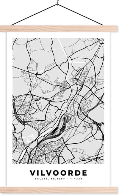 Posterhanger incl. Poster 40x60 cm - Schoolplaat - Plattegrond – Vilvoorde – Zwart Wit – Stadskaart - Kaart - Textielposter - Blanke latten - Stadskaart