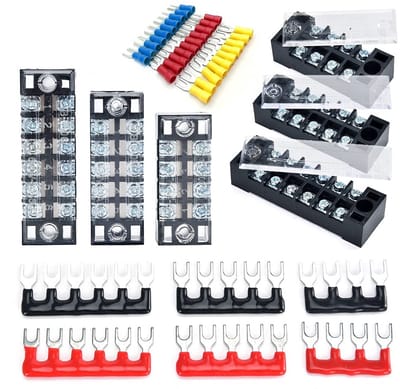 Terminalblokken Set van 6 - 4/5/6 Posities, 600V, 15A, Dubbele Rij Schroefklemmen inclusief Vorkdraad-Connectoren