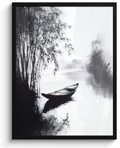 Poster in lijst - Fotolijst 50x70 cm - Posters - Boot - Rivier - Bamboe - Wit - Posterlijst zwart - Decoratie - Wanddecoratie woonkamer - Muurdecoratie slaapkamer
