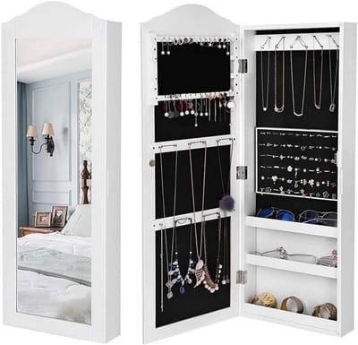 Wandmontage Sieradendoos met Spiegel, Kast voor Ringen, Kettingen en Armbanden, Wit