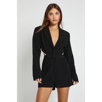 boohoo Dames Op maat gemaakte playsuit met open rug en parelversiering | Black | Maat: 10