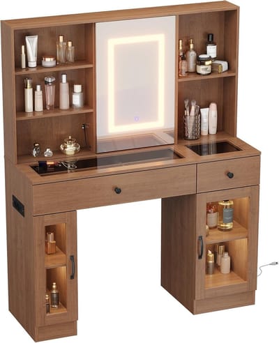 Luxe Kaptafel met LED Spiegel & Glazen Bovenblad - Make-up Tafel met 3 Kleurmodi, Glazen Vitrines en USB/AC Stopcontacten - Krasbestendig - bruin