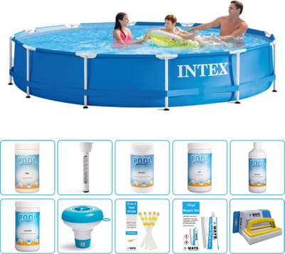 Intex Rond Frame Zwembad - 366 x 76 cm - Blauw - Inclusief Chloor - Chloordrijver - Testrips - Reparatiesetje - Scrubborstel - PH-min - PH-plus - Thermometer - Anti Alg - 11-delig