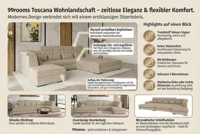 Corner Sofa with Sleep Function 212x363x100 cm – Modern Toscana Velour Living Room L-Shape Couch with Ottoman, Adjustable Headrests, Foldable Armrest, Storage & Cushions – Abkantoor