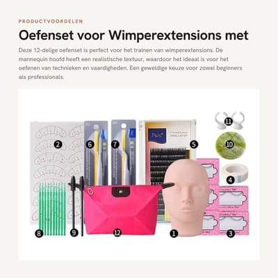 Dailygoods- Wimpers Oefenset 12 Stuks - Mannequin Hoofd - Wimper Pincetten - Trainingsgereedschap - Realistische Oppervlakte - Eenvoudig in Gebruik - Wimpertraining