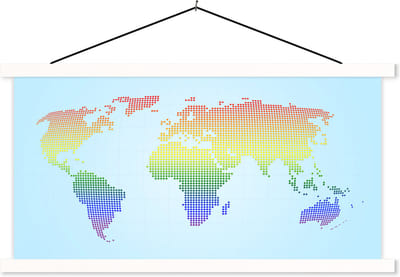 Schoolplaat - Moderne wereldkaart LGBTQ - 150x75 cm - Textielposter Witte latten - Textiel poster