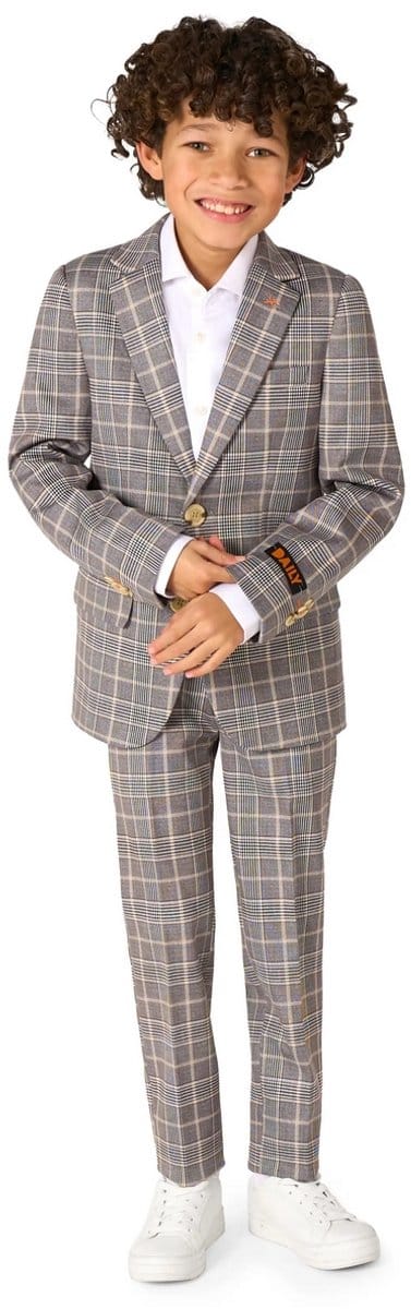 OppoSuits Daily Checked Tan Jongens Pak - Kostuum - Feesten & Gelegenheden Kostuum - Grijs - Maat EU92-98