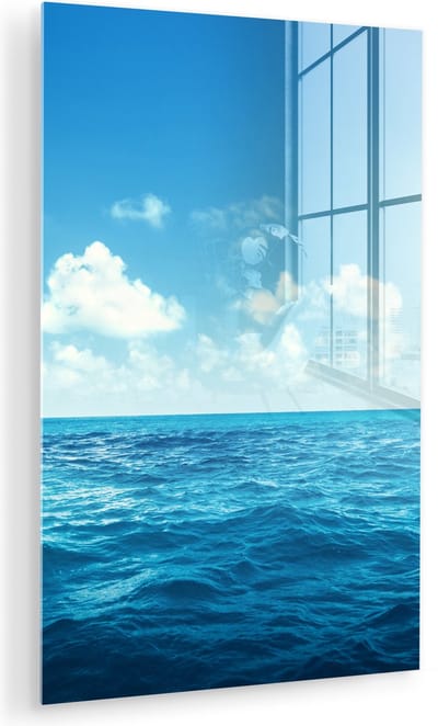 MuchoWow® Glasschilderij 120x180 cm - Schilderij acrylglas - Zee - Lucht - Zon - Foto op glas - Muurdecoratie woonkamer - Wanddecoratie slaapkamer - Schilderijen