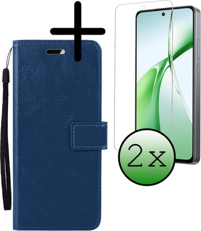 Hoesje Met 2x Screenprotector - Geschikt voor OnePlus Nord CE4 - Luxe Pasjeshouder - Bookcase Portemonee - Flip Case - Kunstleer Book Case - Flipcase Hoes - Book Cover - Walletcase - Portemonneehoes - Donkerblauw