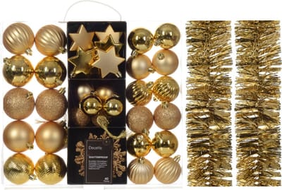 Kerstversiering set - goud - kerstballen, ornamenten en folie slingers - kunststof
