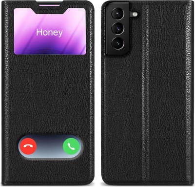 Cadorabo Hoesje geschikt voor Samsung Galaxy S21 PLUS in KOMEET ZWART - Beschermhoes met magnetische sluiting, standfunctie en 2 kijkvensters Book Case Cover Etui