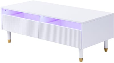 Moderne LED-salontafel met golvend ladeblad, goudwitte poten, twee lades en een kleurveranderende LED-lichtstrip