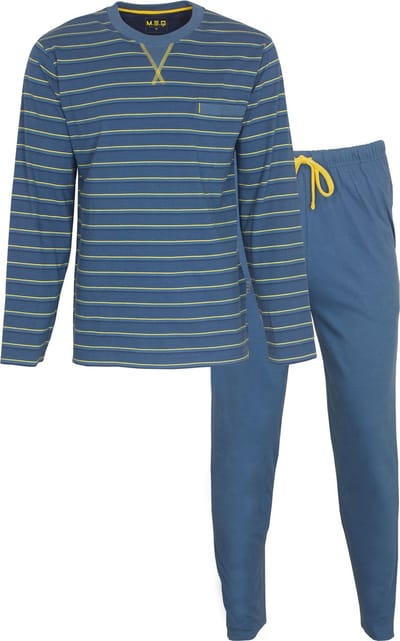 MEQ Heren Pyjama - Ronde Hals - 100% Gekamde Katoen - Blauw - Maat L