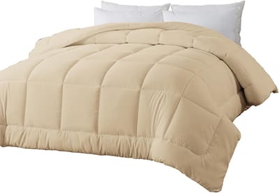 Famanu - Alternatief donzen dekbed met hoeklussen - gewatteerd kingsize dekbed voor alle seizoenen, 240 g/m², beige dekbed, machinewasbaar microvezel beddengoed