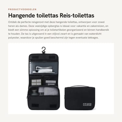 Dailygoods- Toilettas met haak - Hangende toilettas - Waterdichte opbergtas - Polyester - 23 x 19 x 8 cm - Nat/droogscheiding