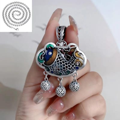 Nouveau dans la collection Classique   Collier à pompons Lotus Poisson Carpe Pour Femmes Style Ethnique Lotus Bleu Pendentif Double Face Bijou Cadeau 45cm gray