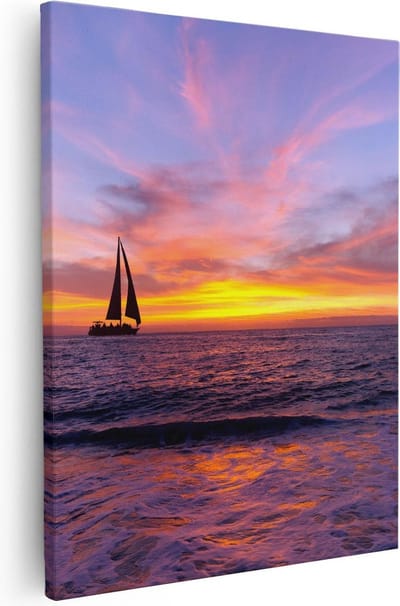 Artaza Canvas Schilderij Zonsondergang Zee - 40x50 cm - Wanddecoratie Strand - Muurdecoratie Zeilboot - Kamer Accessoires Woonkamer