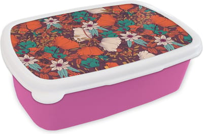 Broodtrommel Roze - Lunchbox - Brooddoos - Bloemen - Herfst - Patroon - 18x12x6 cm - Kinderen - Meisje
