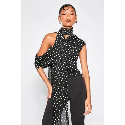 boohoo Dames Polka Dot Chiffon Asymmetrische Wikkel Top | Zwart | Maat: 38