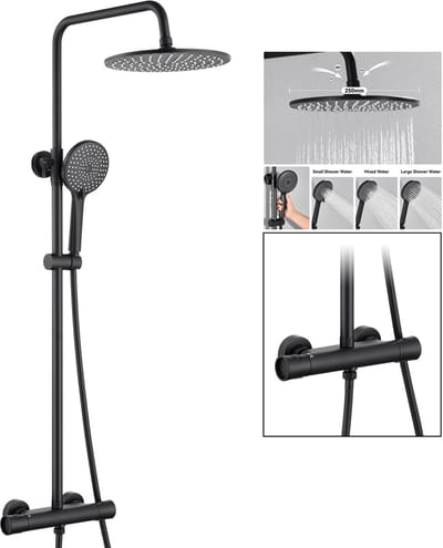 Auralum Max Regendouche met Thermostaatkraan - Doucheset Zwart - Thermostatische Douchekolom - Messing Regendoucheset - Anti-Scald - Hoogte Verstelbaar 102-125cm - Zwart