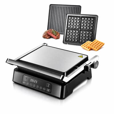 Delightness Elektrische Grill - Grillijzer - Anti Aanbak Platen - 2 Verschillende Platen - Wafelmaker - Keukenapparaat - Zwart