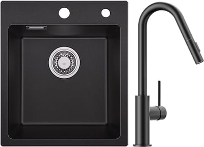 SOFETIY MAX Granieten Spoelbak voor keuken 40x45CM - Enkele Spoelbakken Met Keukenkraan - Onderbouw Spoelbak Zwart - Met waterafvoersysteem - Voor 45 cm Kast