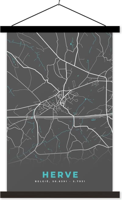 Posterhanger incl. Poster 40x60 cm - Schoolplaat - Plattegrond – Herve – Blauw – Stadskaart - Kaart - België - Textielposter - Zwarte latten - Stadskaart