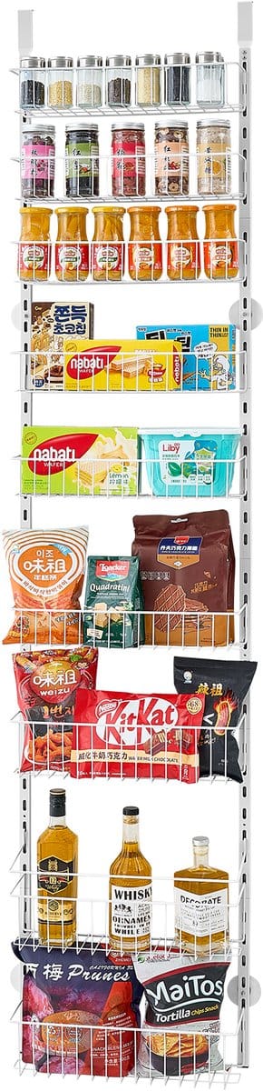 Pantry organiser met 9 verstelbare hangende planken, stalen opbergsysteem voor deur of muur, ideaal voor keuken, badkamer en huis, wit
