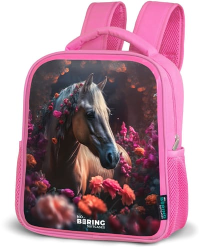 NoBoringSuitcases.com® - Rugzak roze - Schooltas meisjes - Paars - Paard - Bloemen - Kinder rugtas meisje - Boekentas kind - Kinderrugzak voor school - Schoolrugzak