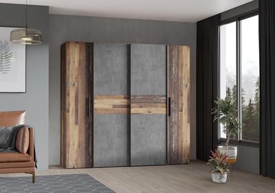 Industriële Kledingkast met Draaideuren - 200 cm Breed, Vintage Betonlook