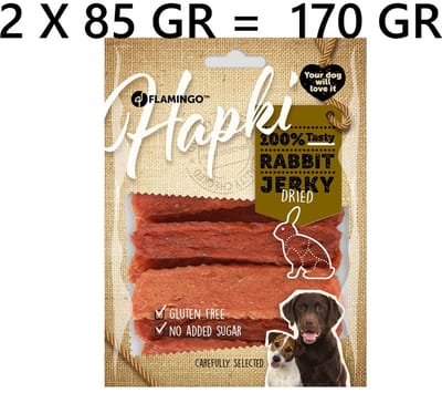 ** 2 X ** Flamingo hapki rabit strips dried - hondensnacks - 85 gr - glutenvrij - geen toegevoegde suiker - = 170 gram