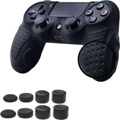 KELERINO. Siliconen cover geschikt voor Playstation 4 controller Inclusief Thumb Grip Set - Zwart