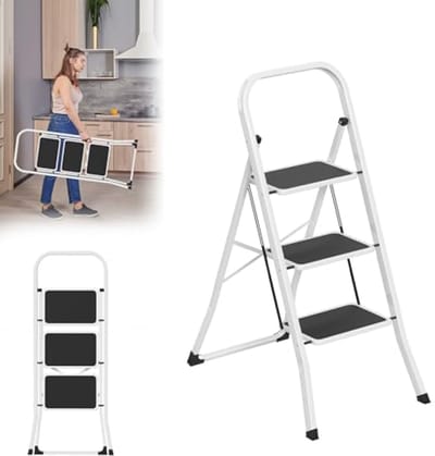 Inklapbare trapladder met 3 treden en anti-slip, 150 kg belastbaar, ruimtebesparend ontwerp voor huis en kantoor