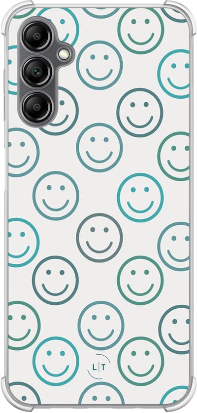 Shockproof hoesje - Geschikt voor Samsung Galaxy A14 5G - Happy faces - Extra sterke case - TPU/polycarbonaat - Print / Illustratie - Blauw, Transparant