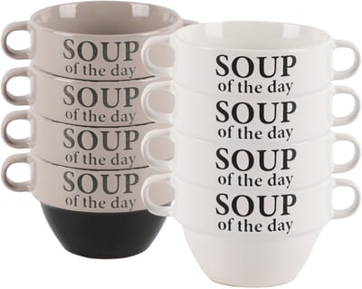 Bellatio Design Soepkommen - 8x - Soup of the day - keramiek - D12 x H8 cm - grijs / wit - Stapelbaar