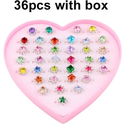 12/36 STUKS Verstelbare Ringen Diamant Stijl met Doos Kinder Verjaardagscadeau Doe-alsof Make-up Speelgoed Cartoon Sieraden Legering Ring TMZ white