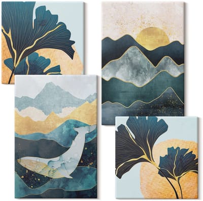 Wallfluent Set van canvas schilderijen - Abstracte esthetische uitzichten met bergen en planten Canvas Schilderijen Set - Set van 4 Canvas Schilderijen - Marine Set van Canvas Prints - Abstractie Canvas Kunst Set - Boheemse Canvas Kunst Set