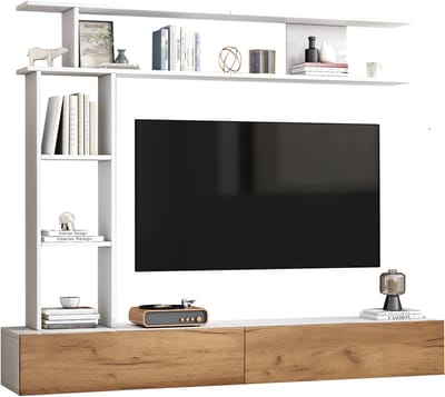 180x35x22,5 cm tv-kast set - met mediapaneel - inclusief tv-kast - vloermap en wandrek - woonkamer tv-meubel set - wit houtnerf
