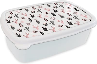Broodtrommel Wit - Lunchbox - Brooddoos - Meiden - Cactus - Roze - Patronen - Girl - Kids - Kinderen - 18x12x6 cm - Volwassenen