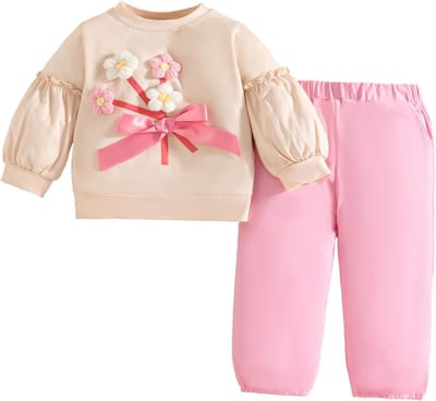 Schattige Baby Meisjes Kledingset - Lange Mouwen Top met Strik en Bloemenprint Broek