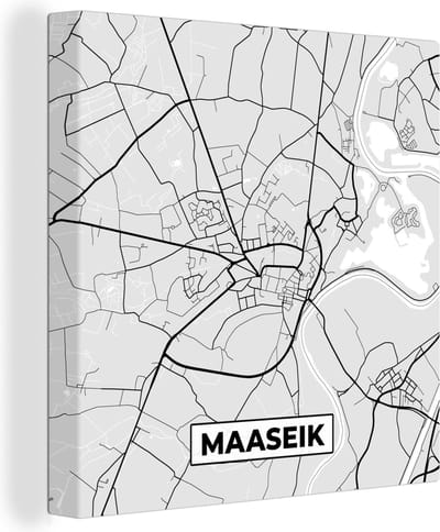 Canvas Schilderij België – Maaseik – Stadskaart – Kaart – Zwart Wit – Plattegrond - 20x20 cm - Wanddecoratie