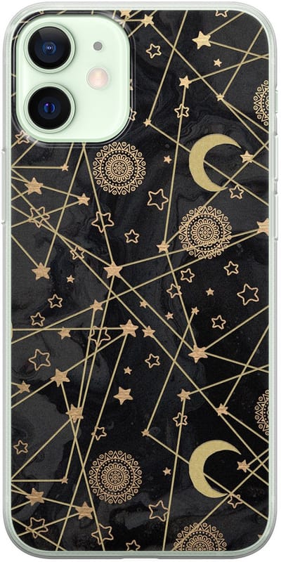 Leuke Telefoonhoesjes - Hoesje geschikt voor iPhone 12 Mini - Sterren, zon, maan - Soft case - TPU - Sterren - Zwart