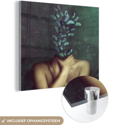 MuchoWow® Glasschilderij 50x50 cm - Schilderij acrylglas - Torso - Stilleven - Vlinders - Blauw - Foto op glas - Muurdecoratie woonkamer - Wanddecoratie slaapkamer - Schilderijen
