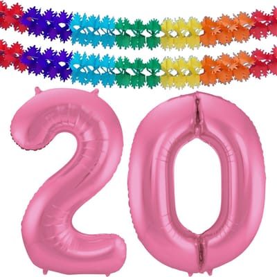 Folat Verjaardag Leeftijd folieballon - 20 jaar - roze - 86 cm - cijferballon groot - incl 2x feestslingers
